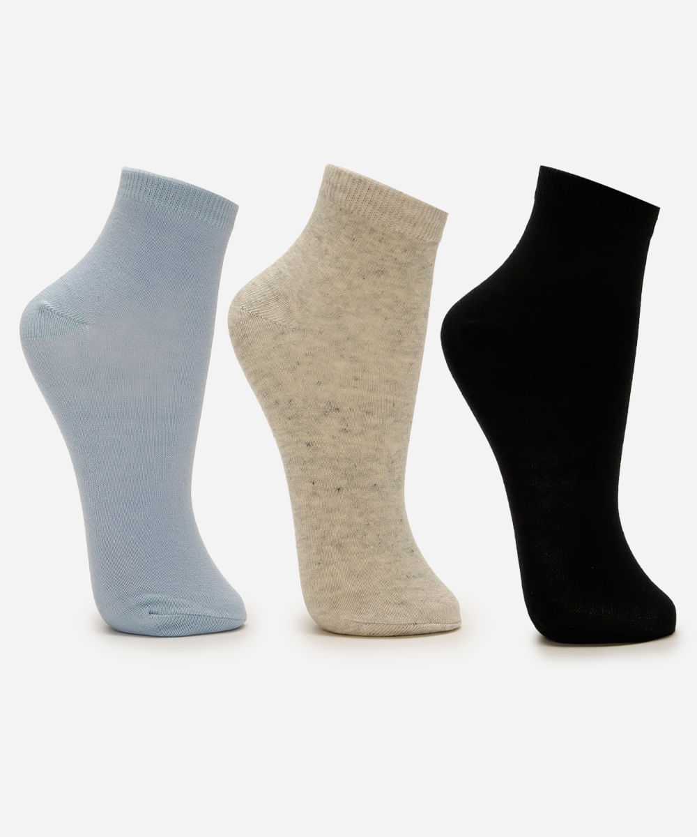 kit de 3 meias cano médio liso 34-39 colorida