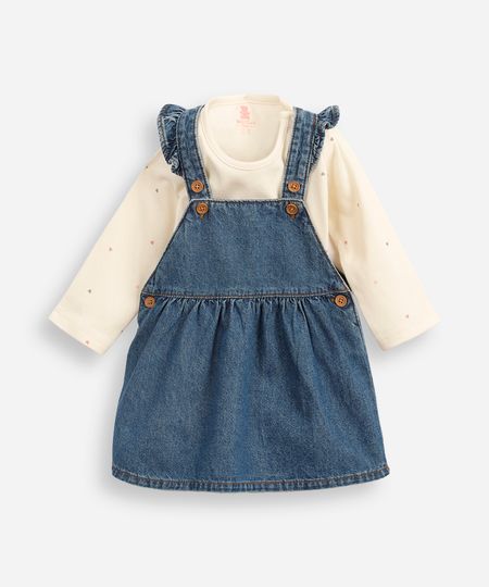 salopete infantil jeans com body corações  azul 12-18