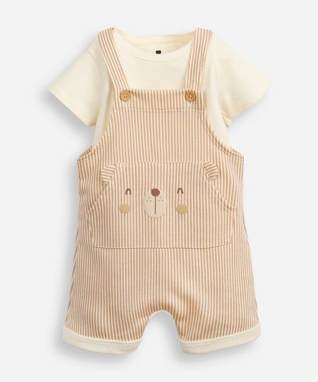 jardineira infantil listrado de urso com blusa bege 3-6