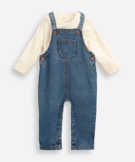 jardineira jeans infantil com blusa de manga longa azul 9-12