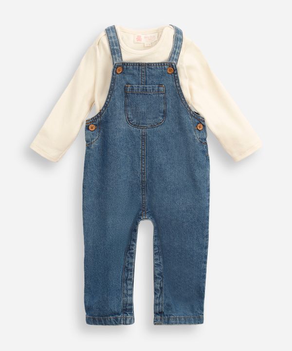 jardineira jeans infantil com blusa de manga longa azul 6-9