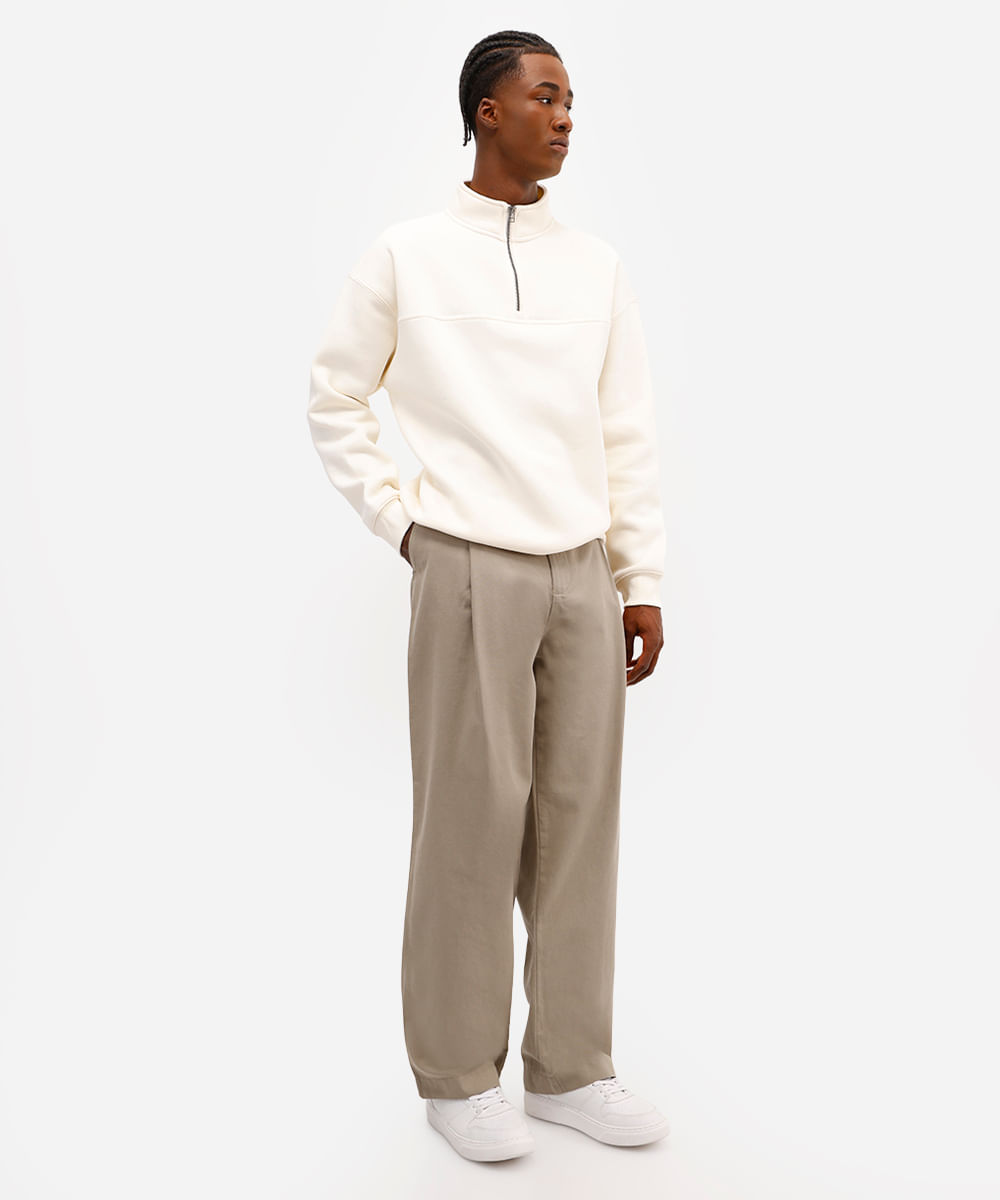 calça baggy masculina de sarja com pregas bege