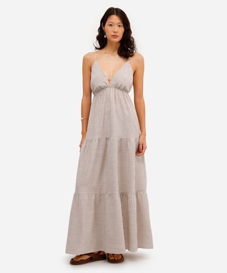 vestido longo feminino de viscose com recortes listrado colorido P