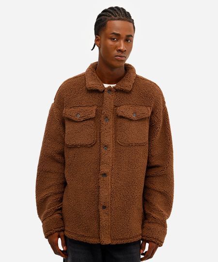 jaqueta masculina de sherpa com bolsos marrom PP