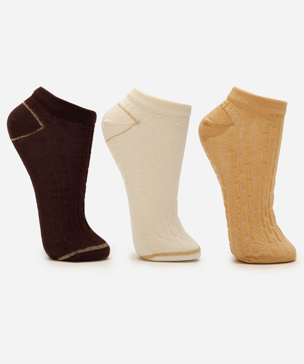 kit de 3 meias cano baixo texturizada com lurex colorido