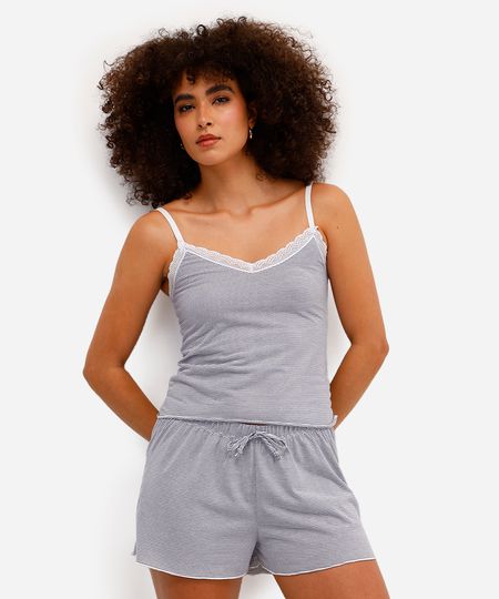 pijama short doll feminino com renda listrado azul M
