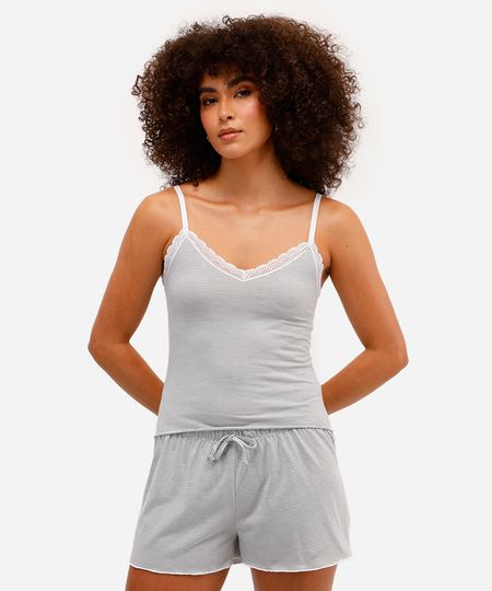 pijama short doll feminino com renda listrado cinza P