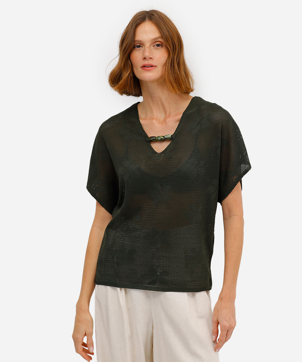 blusa feminina de tricot decote v floral verde