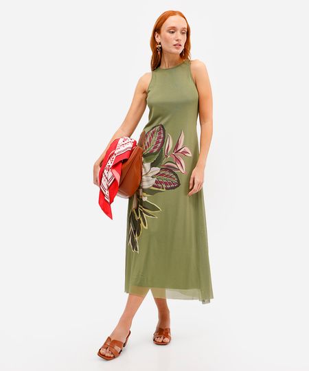 vestido midi feminino de tule floral verde PP vestido midi feminino de tule floral verde PP