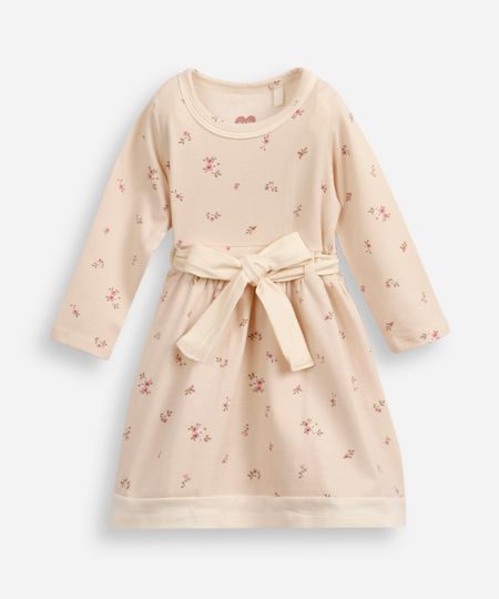 vestido infantil de algodão manga longa com faixa floral bege 1