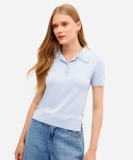 polo feminina de tricot manga curta azul PP