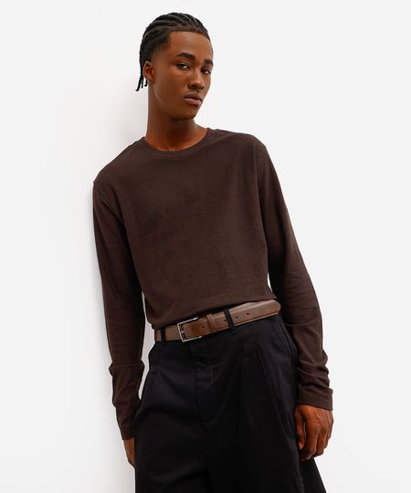 camiseta comfort masculina manga longa texturizada marrom M camiseta comfort masculina manga longa texturizada marrom M