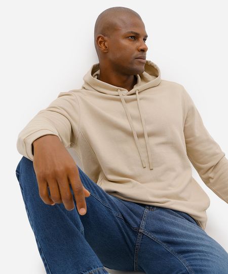 blusão básico masculino de moletom sem felpa com capuz bege G blusão básico masculino de moletom sem felpa com capuz bege G