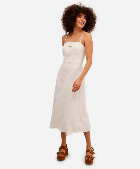 vestido midi feminino com linho e recortes - natural G vestido midi feminino com linho e recortes - natural G