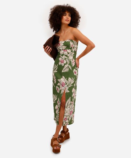 vestido midi de algodão sem alça floral verde P