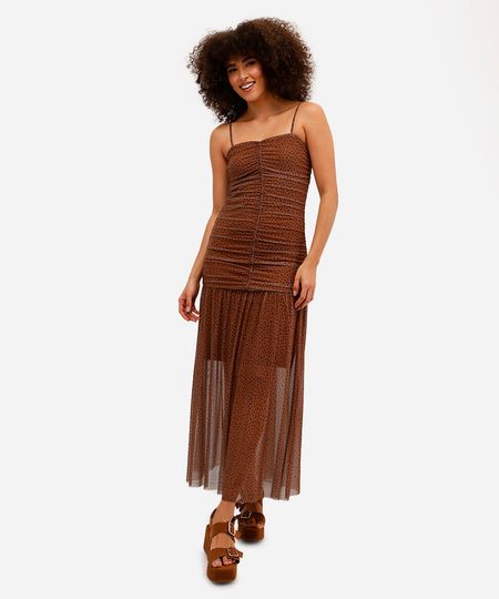 vestido midi feminino de tule poá franzido marrom M