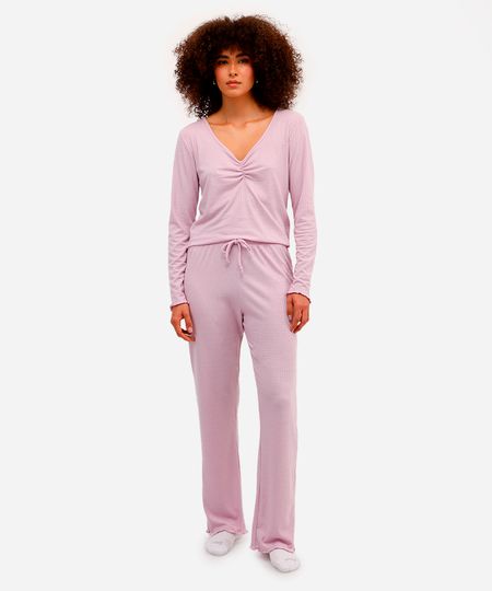 pijama feminino canelado manga longa lilás GG pijama feminino canelado manga longa lilás GG