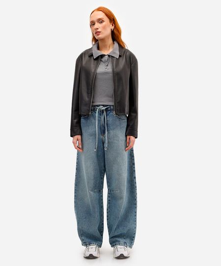 calça baggy feminina jeans com cordão azul 36