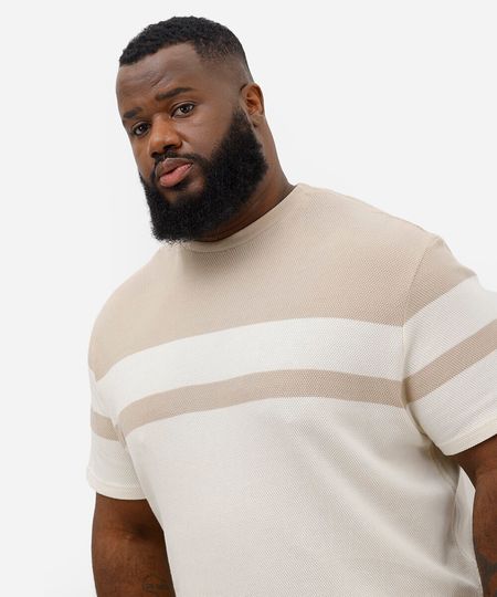camiseta comfort de algodão texturizada plus size bege GG1