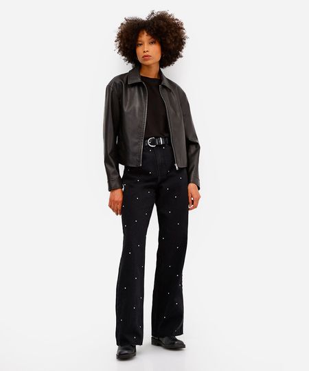 calça wide leg feminina  jeans com brilhos preta 46