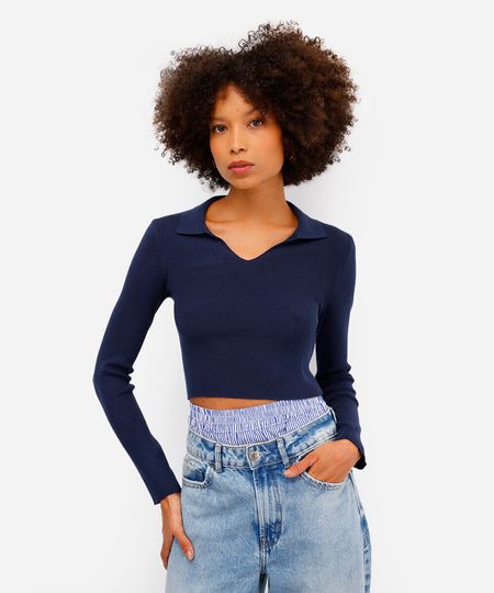 polo básica feminina de tricot manga longa azul G