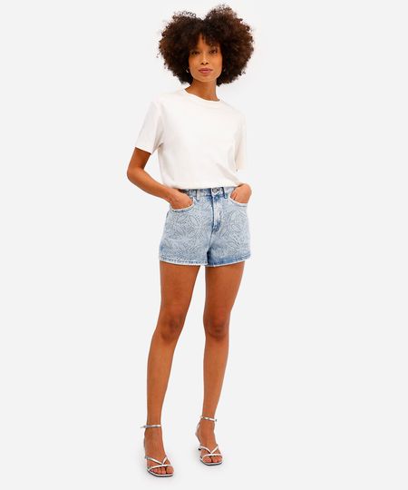 short mom feminino jeans com brilhos azul 36