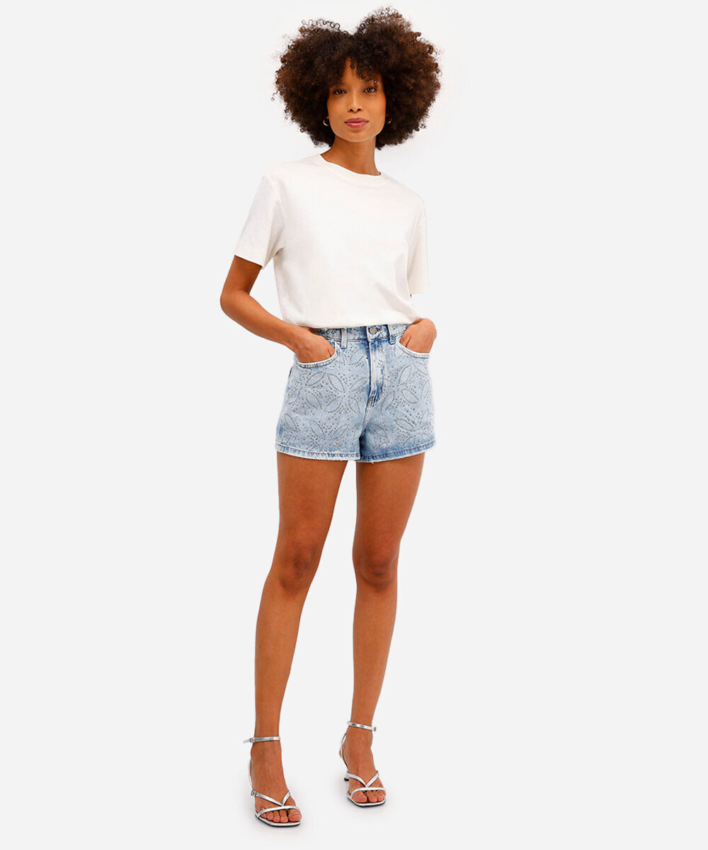 short mom feminino jeans com brilhos azul