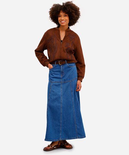 saia longa feminina jeans com recortes azul 38