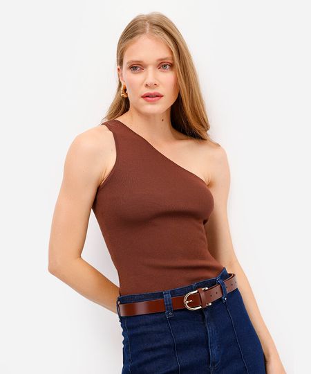 blusa ombro único feminino de tricot marrom G