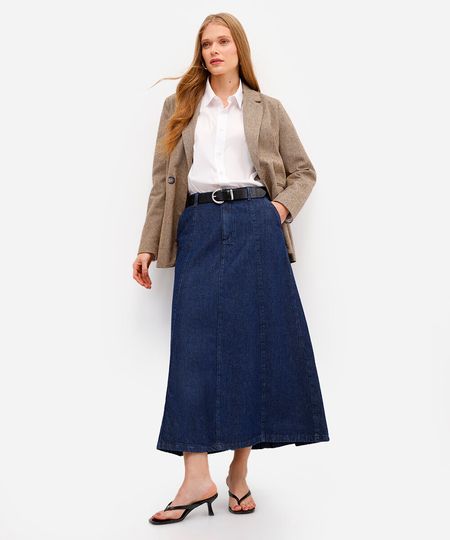 saia midi evasê feminina jeans com recortes azul 38