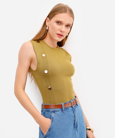regata feminina de tricot com botões verde M regata feminina de tricot com botões verde M