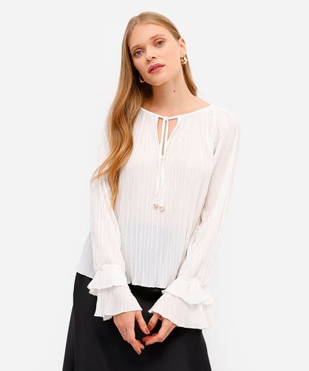 bata feminina plissada com babado off white PP