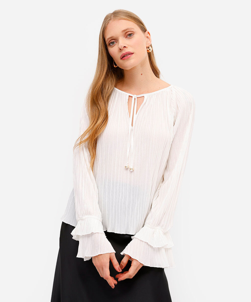 bata feminina plissada com babado off white