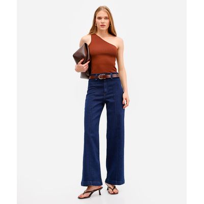 calça wide leg feminina jeans com nervura azul