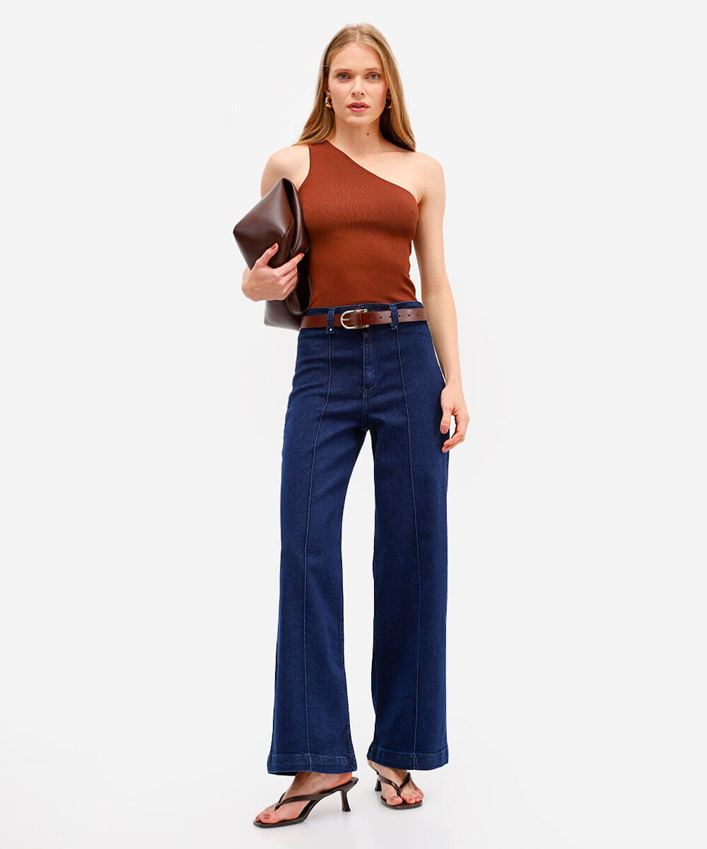 calça wide leg feminina jeans com nervura azul