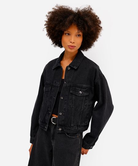 jaqueta feminina jeans com pregas preta P