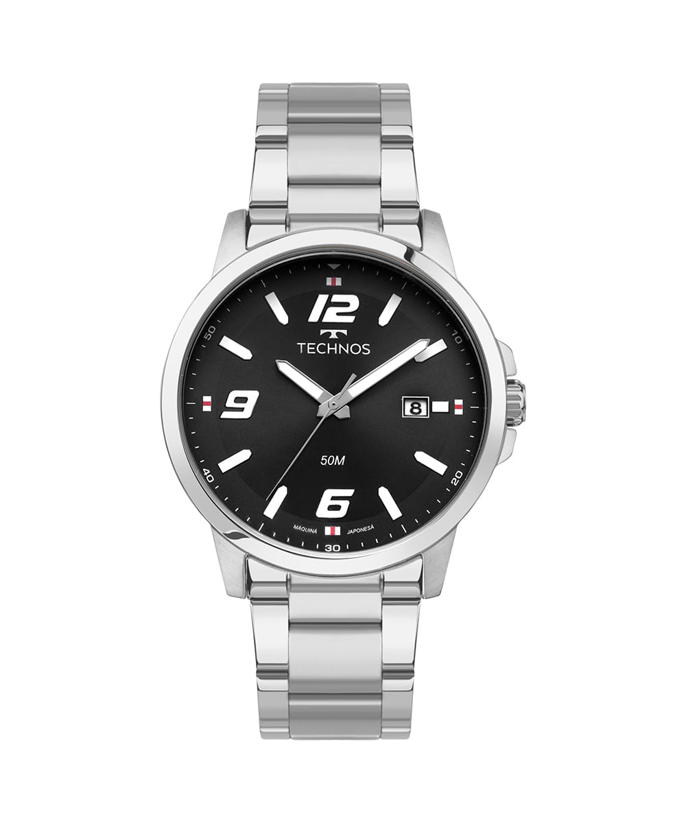 kit relógio masculino technos 2315lavk1p analógico calendário prateado