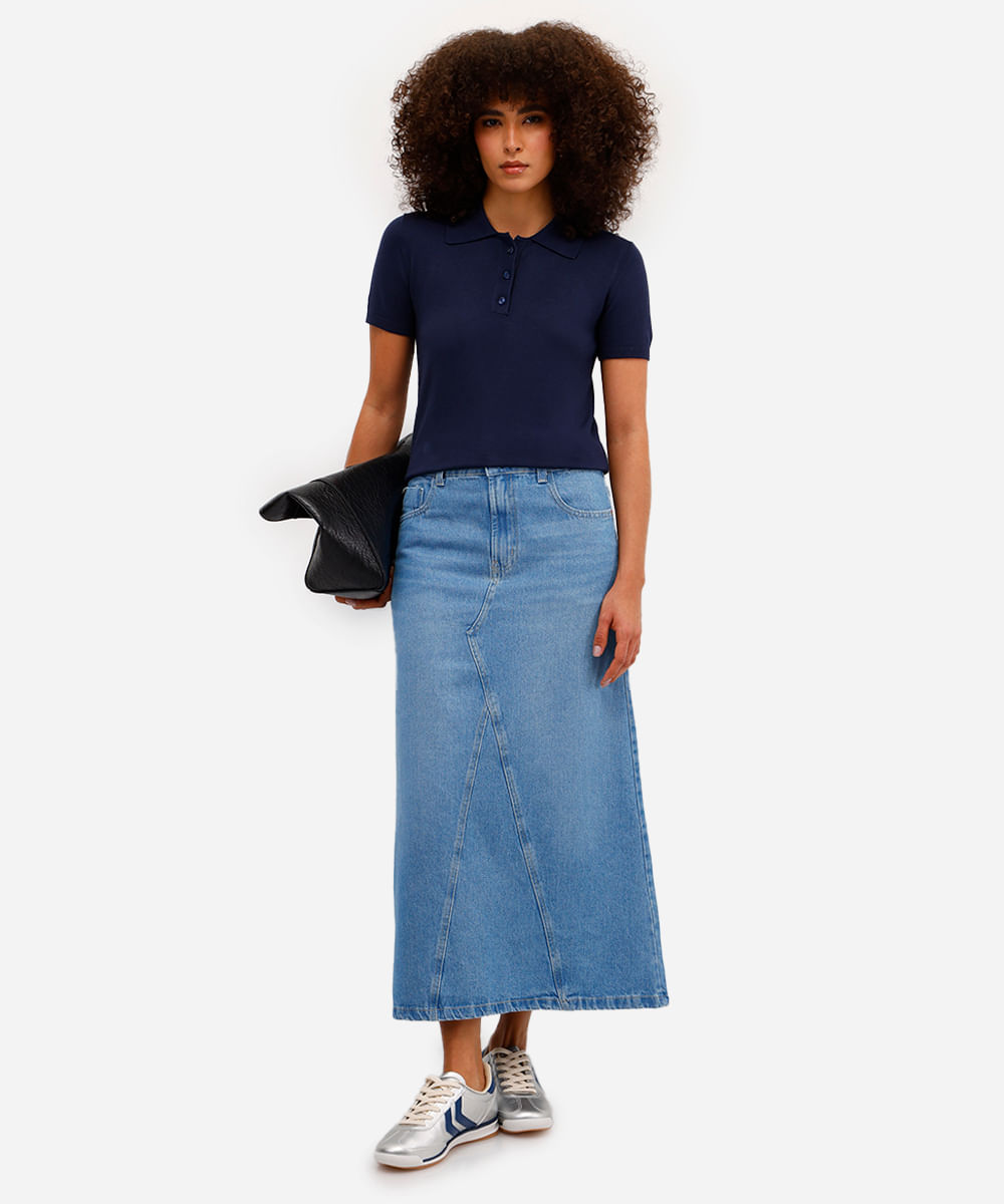 saia midi feminina evasê jeans com recorte azul