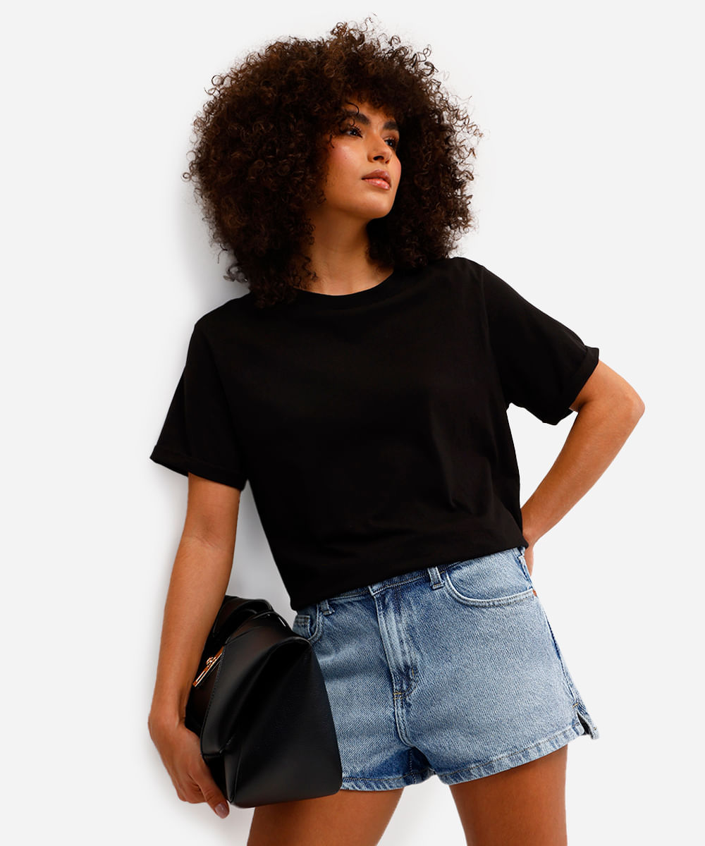 short feminino jeans com fendas azul