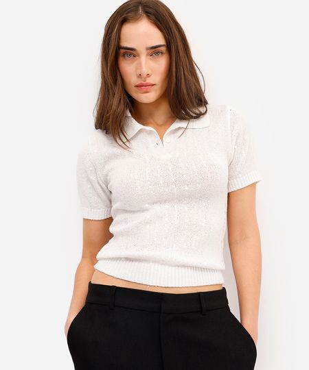 polo feminina de tricot com paetê off white PP polo feminina de tricot com paetê off white PP