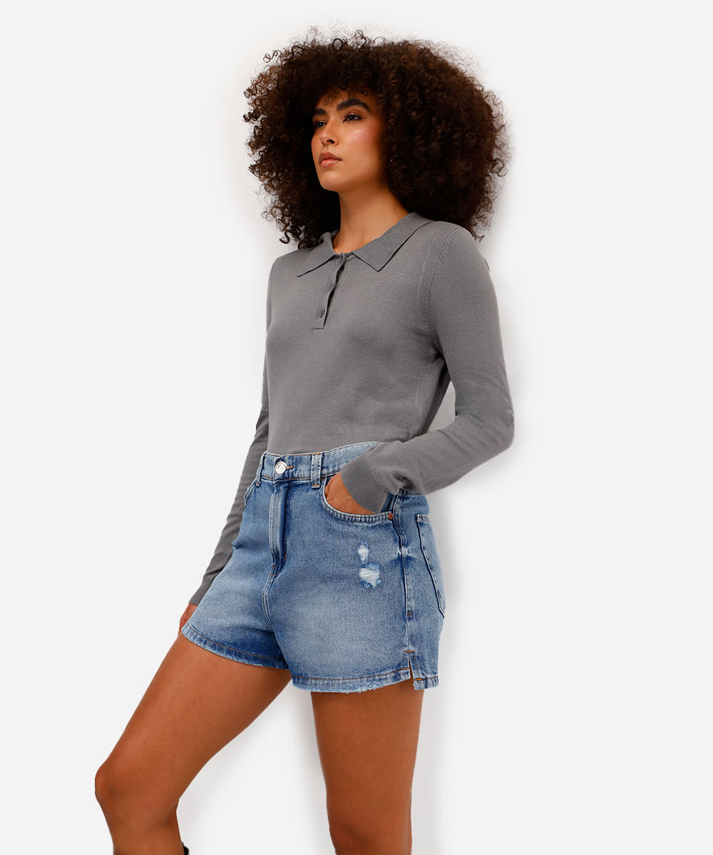 short mom feminino jeans com fendas azul
