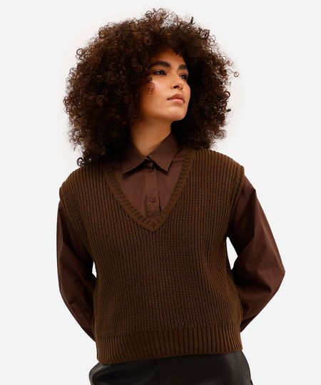 colete feminino de tricot decote v marrom M