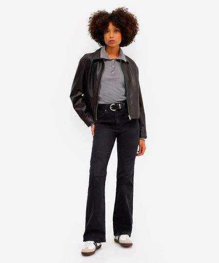 calça flare feminina jeans cintura alta preta 40