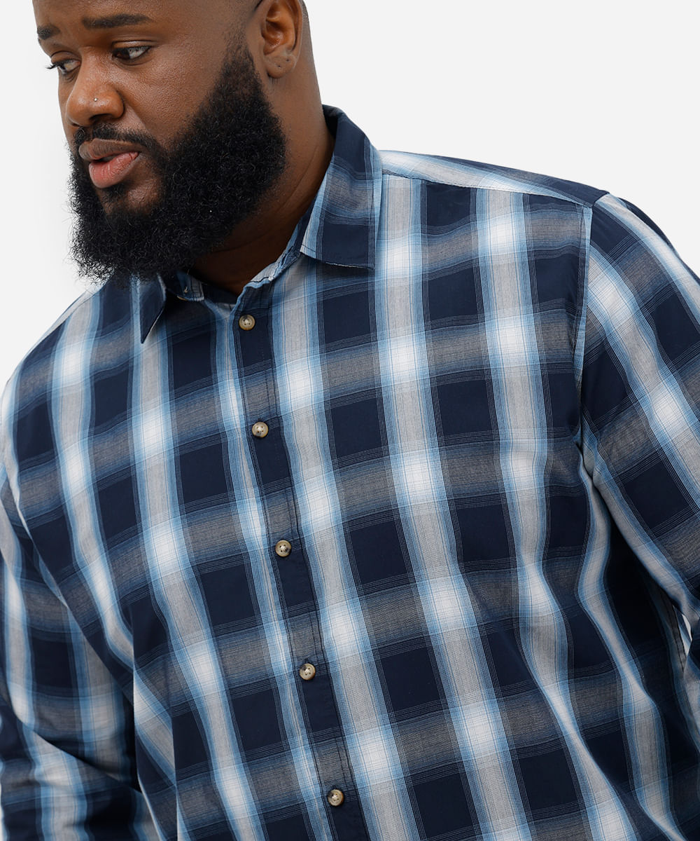 camisa comfort masculina manga longa xadrez plus size azul