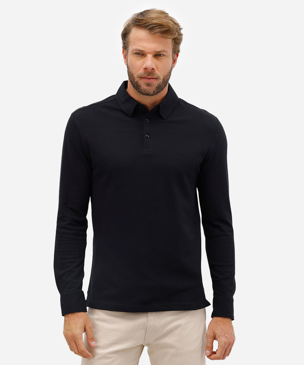 polo masculina de algodão manga longa texturizada preta