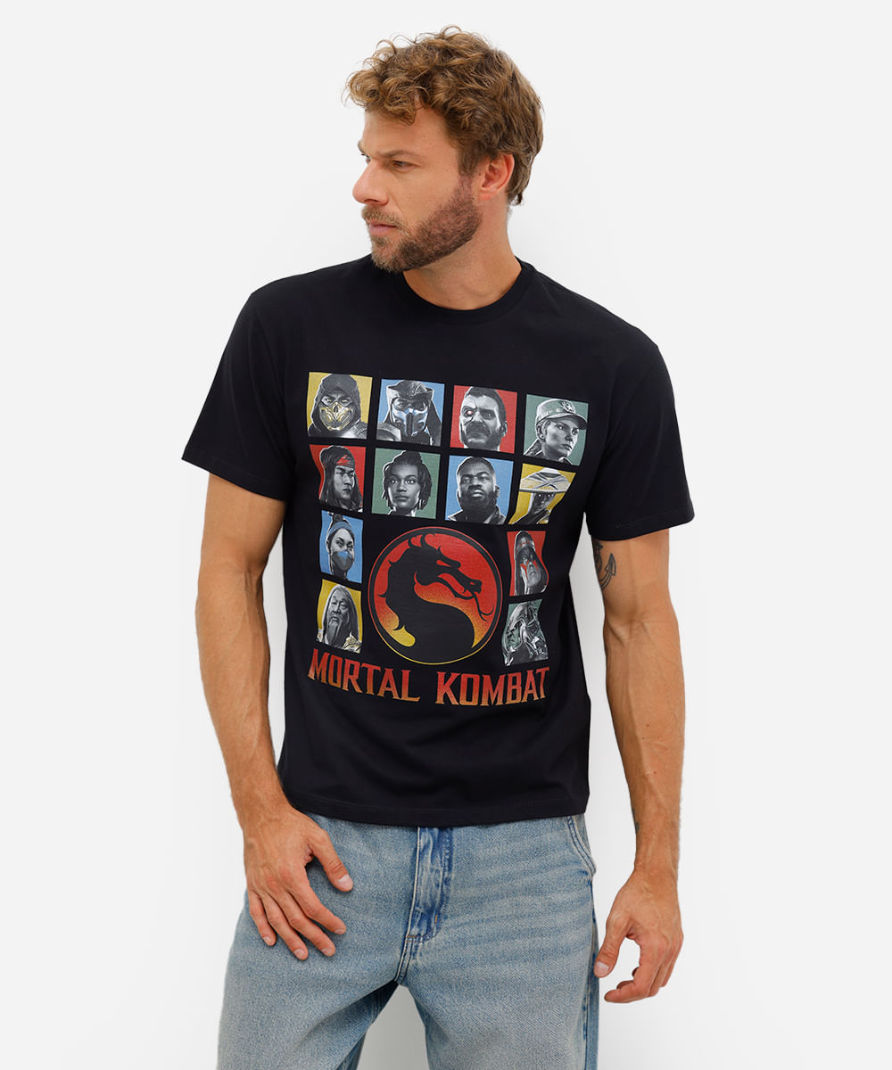camiseta masculina de algodão mortal kombat preta