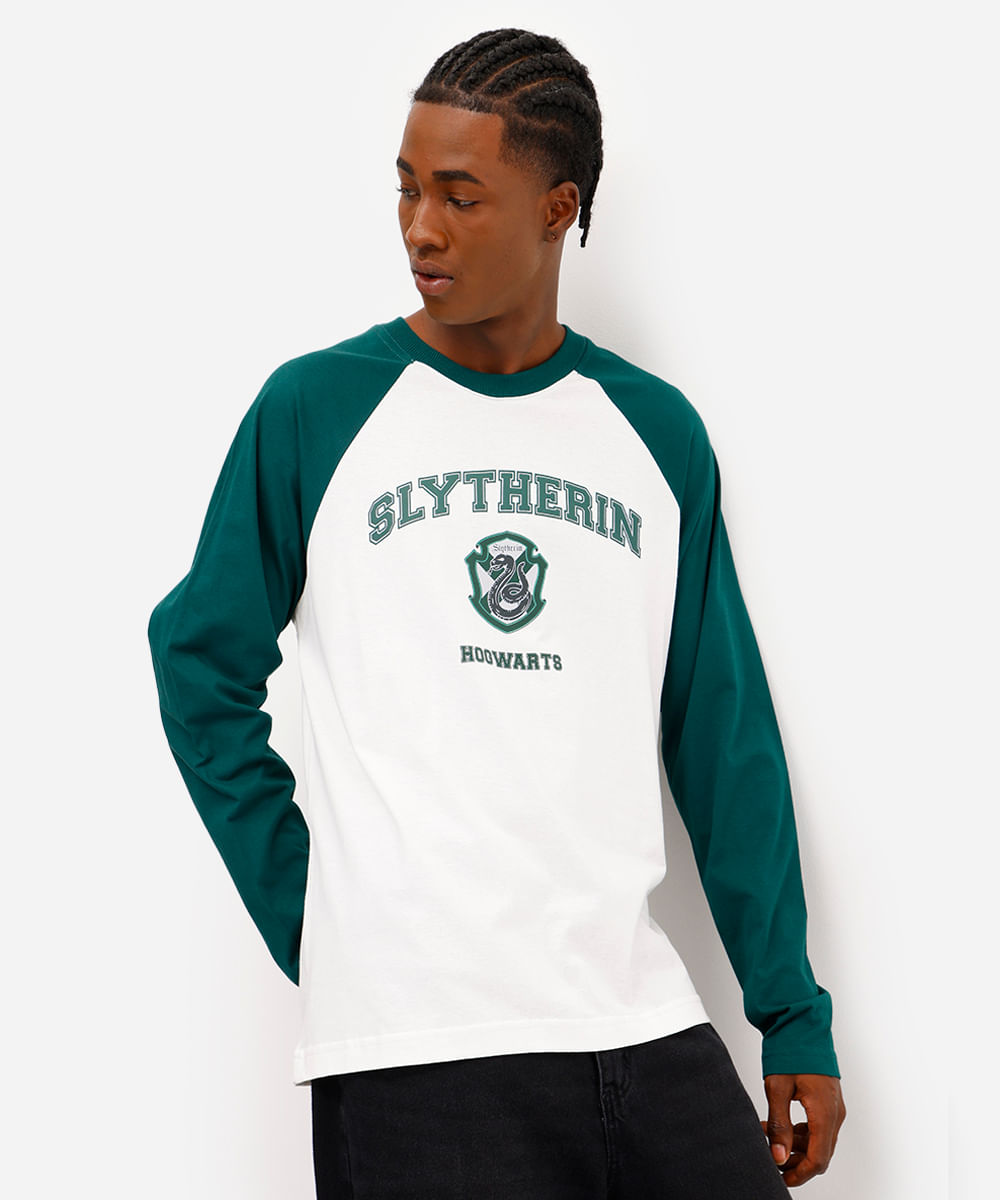 camiseta raglan masculina de algodão harry potter verde