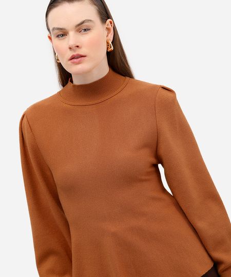 suéter feminino de tricot gola alta manga bufante marrom G suéter feminino de tricot gola alta manga bufante marrom G