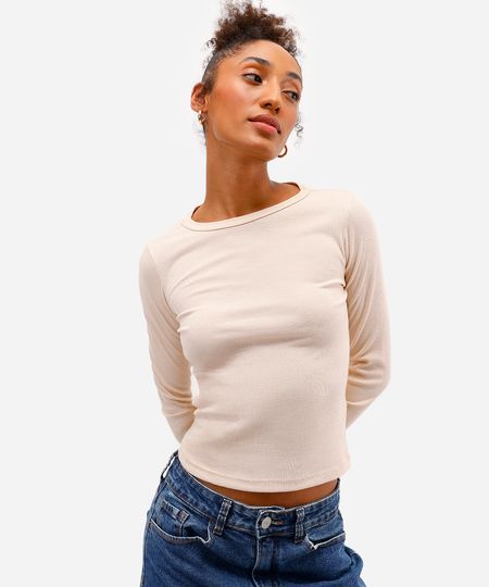 blusa básica feminina decote careca manga longa bege M blusa básica feminina decote careca manga longa bege M