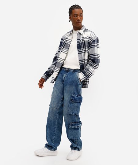 calça baggy masculina jeans com bolsos cargo azul 36
